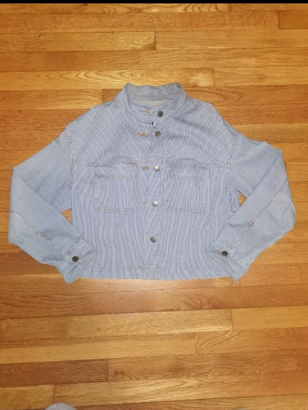 Universal Thread Striped Button-Front Cropped Jacket in Light Blue and White